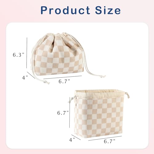 Cotton Quilted Drawstring Makeup Bag with Canvas Lining,Coquette Aesthetic Cute Travel Toiletry Bag,Drawstring Gift Bag for Women and Girls（19 Beige Checker） - color: 19 Beige Checker