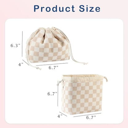 Cotton Quilted Drawstring Makeup Bag with Canvas Lining,Coquette Aesthetic Cute Travel Toiletry Bag,Drawstring Gift Bag for Women and Girls（19 Beige Checker） - color: 19 Beige Checker