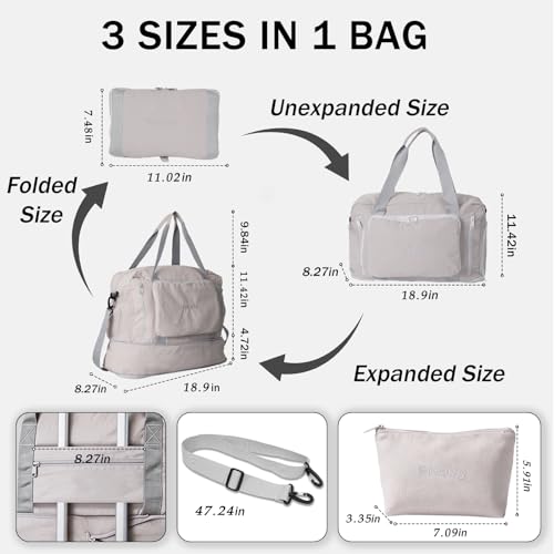 Travel Duffel Bag, 30–40L Expandable Weekender Bag with Shoe Compartment, Foldable Carry On Travel Bag with Wet Pocket and Matching Pouch - color: Grey