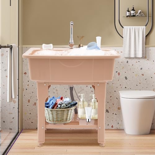 Laundry Sink Utility Sink Laundry Tub Utility Sink with Storage Shelf, Freestanding Sink with Faucet+Removable Drainboard, Garage Washing Station, Slop Sink for Laundry, Bathroom - Coffee - color: Coffee, 31.5 x 22.1 x 33.5in