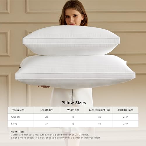 Bedsure Bed Pillows Queen Size Set of 2, Hotel-Quality Down Alternative Gusseted Pillows, PureWoven 100% Cotton Shell, Dual Chamber Construction for Fluffy Support, Ideal for Back & Stomach Sleepers - size: Queen