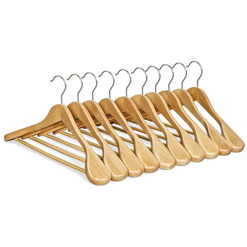 SONGMICS Extra Wide Wooden Suit Hangers, Set of 10 Clothes Hangers, Swivel Hooks, Non-Slip Bars, for Outfits, Suits, Coats, Shirts, Dresses, Natural Color UCRW050KZ02 - color: Natural Color