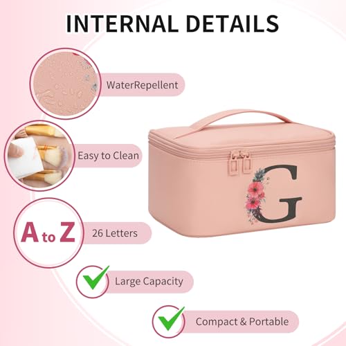 OCHEAL Initial Makeup Bag,Monogram Make up Bag Pink Travel Makeup Organizer Case Beauty Toiletry Cosmetic Bag with Brush Holder, Trendy Stuff Personalized Gifts for Women and Girls-G - color: Pink, style: G