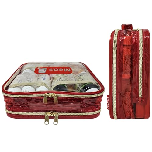 Large Travel Pill Bottle Organizer, Clear Medicine Bag, 2 Zipper Compartments with Divider and Mesh Pockets, Easy View of Medications, Medical Supplies, and Toiletries, PVC - Red - color: - Pvc Red, size: L (Pack of 1)