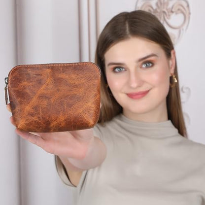 Full Grain Leather Cosmetic Bag – Zippered Makeup Pouch for Women, Small Travel Toiletry & Organizer Pouch for Purse, Premium Handmade Leather (5 × 4 × 2.5 in) - color: Tan