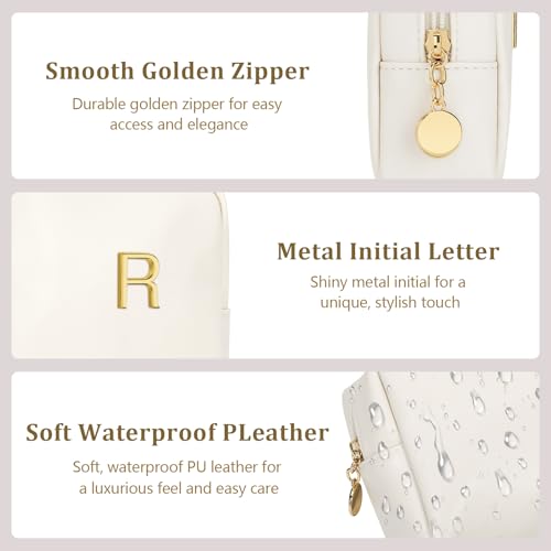 Personalized Birthday Gifts for Women - Initial Makeup Bag Set Travel Toiletry Bag Cosmetic Bags Soft Waterproof PU Leather Makeup Pouch Travel Essentials (R, 1pc Beige) - size: 1pc Beige, style: R