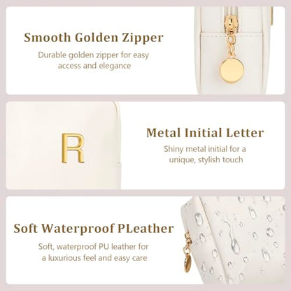 Personalized Birthday Gifts for Women - Initial Makeup Bag Set Travel Toiletry Bag Cosmetic Bags Soft Waterproof PU Leather Makeup Pouch Travel Essentials (R, 1pc Beige) - size: 1pc Beige, style: R