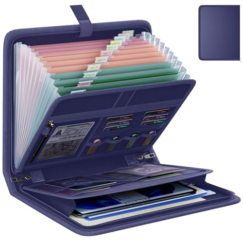 Fireproof Accordion File Organizer, Portable Expanding File Folder with Waterproof Zipper&Labels, Blue Document Organizer with 13 Pockets, File Organizer for Important Document/Paper Storage - color: Blue