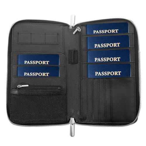 RFID Blocking Family Passport Holder Wallet 6,Premium Leather Travel Document Organizer for Women and Men,Travel Wallet for Credit Card - color: Black