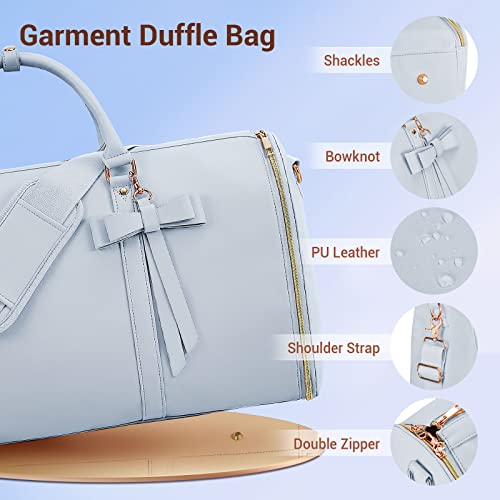 Garment Bags for Travel, Convertible Suit Travel Bag for Women, Stylish Carry On Garment Bag with Toiletry Pocket, Shoulder Strap and Shoes Compartment, 2 in 1 Foldable PU Leather Duffle Bag, Blue - color: Blue