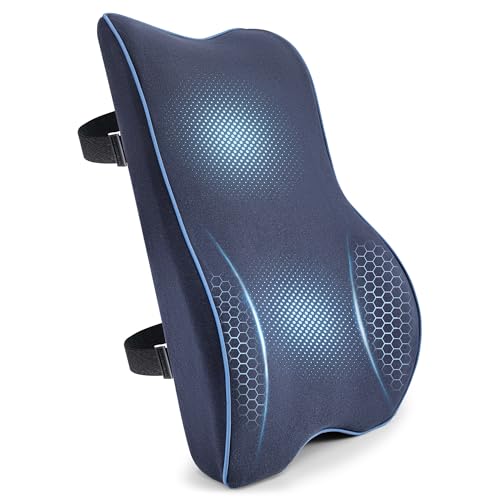 Plush Comfortable Memory Foam Lumbar Support Pillow - Soft Back Cushion for Office Chair, Car Seat, Gaming Chair - Ergonomic Lower Back Pain Relief with Adjustable Straps & Washable Cover-Navy Blue - color: Navy Blue