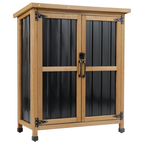 Ketive Outdoor Storage Cabinet, Wood & Metal Small Garden Tool Storage Cabinet with Weather-Resistant Asphalt Roof, Double Lockable Doors & Removable Shelves for Porch, Patio, Garden, Backyard - color: Black, size: 32" x 13" x 40"
