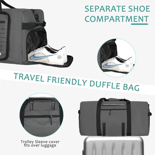 Foldable Travel Duffle Bag for Men Women, Waterproof with Shoe Compartment, 80L 120L Large Collapsible Luggage Bag, Lightweight Packable Duffel for Travel Sports Gym Airline Carry On Checked Bag - color: Grey