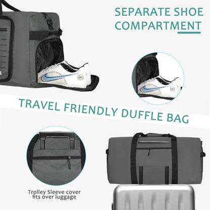 Foldable Travel Duffle Bag for Men Women, Waterproof with Shoe Compartment, 80L 120L Large Collapsible Luggage Bag, Lightweight Packable Duffel for Travel Sports Gym Airline Carry On Checked Bag - color: Grey