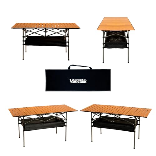 Outdoor Folding Table, 7.93LBS Ultralight Camping Table with Built-in Storage & Carry Bag, 225LBS Heavy Duty Aluminum Tabletop Carbon Steel Frame for Camping, Picnic, Beach, BBQ - color: Wood