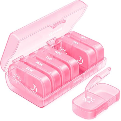 AUVON XL Weekly Pill Organizer 2 Times a Day, Pill Box 7 Day with One-Side Large Openings for Easy to Use, Sakura Pink AM PM Pill Case for Medication, Vitamins, Fish Oils, Supplements - color: Sakura Pink