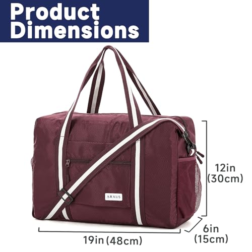 Arxus Foldable Tote Bag for Travel Expandable Lightweight Carry On Luggage 22L Packable Duffle Bag for Traveling - color: Wine Red