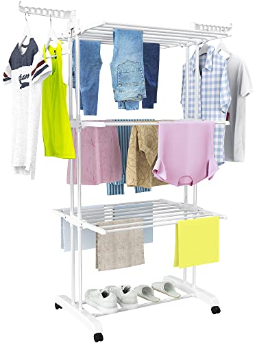 HOMIDEC Clothes Drying Rack, Large 4-Tier Foldable Drying Rack Clothing(67.7H x 19.7W x 30L Inches), Movable with 4 Castors. Multifunctional Stainless Steel Laundry Drying Rack, White - color: White