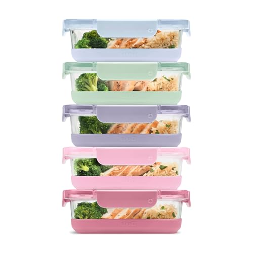 Ello Duraglass Refresh 3.4 Cup Meal Prep Sets 10Pc, 5 Pack Set- Glass Food Storage Container with Silicone Boot and Airtight BPA-Free Plastic Lids, Dishwasher, Microwave and Freezer Safe,Dusk Delight - color: Dusk Delight