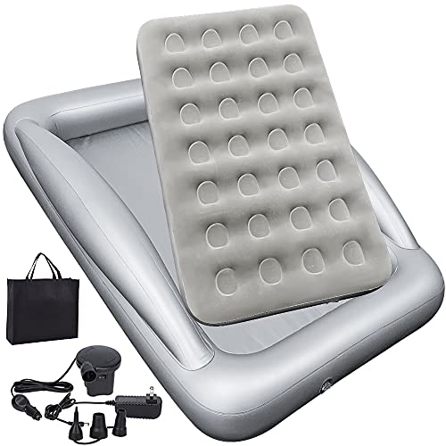 Inflatable Kids Travel Bed Toddler Air Mattress Set,Portable Blow Up Mattress Sleeping Bed Cot with Bed Rails and Electric Pump Ideal for Road Trip - color: Grey