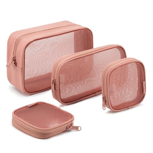 NOL Natural Organic Lifestyle Makeup Bag 4 PCS Set, Mesh Cosmetic Bag with Smooth Zipper, Clear Travel Toiletry Bag, Portable Organizer Pouch, Dark Pink See Through Case for Skincare Brushes - color: Dark Pink