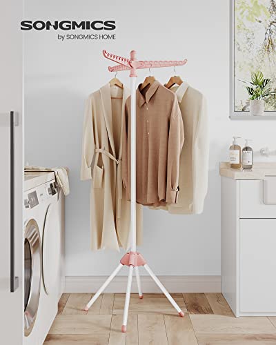 SONGMICS Clothes Drying Rack, 59-Inch Folding Laundry Drying Rack with 3 Rotatable Arms for Hangers, 4 Legs, Stainless Steel, for 27 Pieces of Clothes, Pink and White ULLR510P01 - color: Pink + White, style: 1-Tier