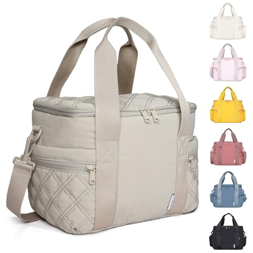 NOL Natural Organic Lifestyle Women's Nylon Lunch Cooler Cute Quilted Lunch Bag Large Leakproof Insulated Lunch Tote Bag for Work Picnic Travel,Khaki - color: Khaki, size: Medium