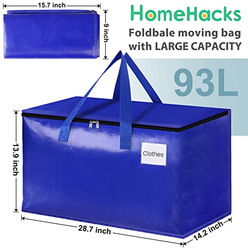 HomeHacks Moving Bags Heavy Duty with Strong Zippers and Handles Collapsible Moving Supplies, Storage Totes for Packing & Moving Storing 93L,4-Pack, Blue - size: 93L-4 Packs