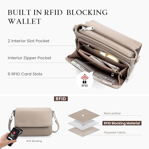 befen Genuine Leather Crossbody Bags for Women Medium Purse with Built in RFID Wallet Womens Soft Cross Body Purse - color: Taupe