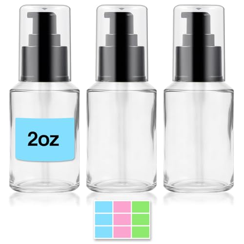 3PCS 60ML/2OZ Empty Clear Glass Bottles with Pump Refillable Vial Cosmetic Dispenser Jars Storage Travel Lotion Container Portable Sample Bottle for Toiletries,Foundation,Cream,Gel,Lotion - color: Clear, size: 2 OZ