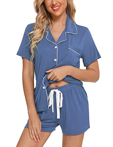 Anjue Womens Pajamas Set Short Sleeve Sleepwear Button Down Nightwear Shorts Soft Pj Sets S-XXL - color: A-blue(with Shorts Pockets), size: Large