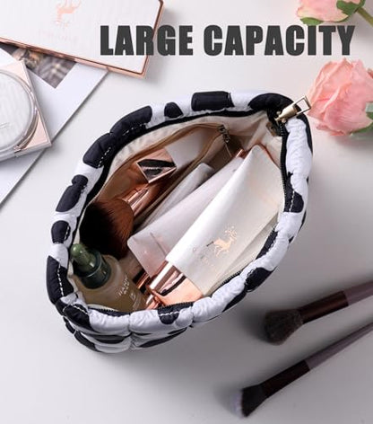 Puffy Quilted Makeup Bag, Cosmetic Bag, Travel Toiletry Organizer Pouch, Clutch for Women (Cow Print) - color: Cow Print