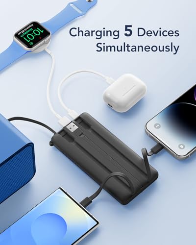 VRURC Portable Charger, Built-in 4 Cables Slim Power Bank 10000mAh, USB C Charging Bank with LED Display, Compact Travel Battery Pack with 5 Outputs for Multi Devices, Android-Black(1 Pack) - color: Black