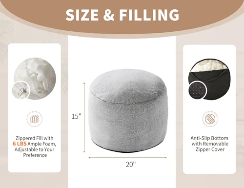 WSOFRLAC Boho Ottoman Living Room Furniture 20"x15" Large Round Ottomans Pouf Couch Foot Rest Grey Pouf Ottoman Foot Rest with Foam Chunk Filling Pouffe Ottomans Stuffed Foot Rest Poufs for Couch - color: Light Grey, size: 20"D x 20"W x 15"H