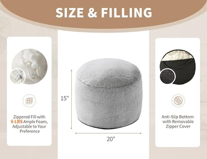 WSOFRLAC Boho Ottoman Living Room Furniture 20"x15" Large Round Ottomans Pouf Couch Foot Rest Grey Pouf Ottoman Foot Rest with Foam Chunk Filling Pouffe Ottomans Stuffed Foot Rest Poufs for Couch - color: Light Grey, size: 20"D x 20"W x 15"H