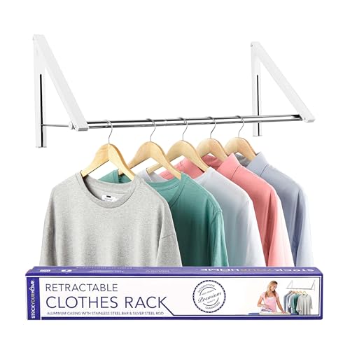 Double Foldable Clothing Rack w/Extension Rod, Wall-Mounted Retractable Clothes Hanger for Laundry Dryer Room, Hanging Drying Rod, Small Collapsible Folding Garment Racks, Dorm Accessories (White) - color: White