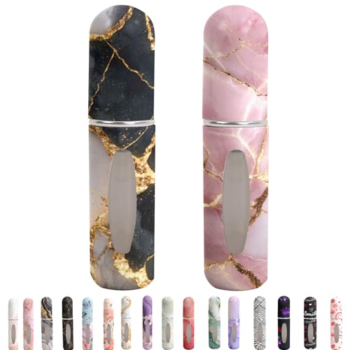 Refillable Perfume Atomizer Travel Bottles– Portable Leakproof Mini Sprayer for Cologne & Essential Oils, Plastic Empty Perfume Bottles with Unique Patterns,2 Pcs(Pink black marble) - color: Pink black marble