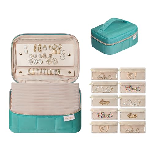 KarSyon Travel Jewelry Case Organizer Jewelry Box with 10 Velvet Pouches Mini Jewelry Organizers Storage for Girls/Women Small Cute Puffer Bags for Earrings,Rings,Necklaces,Bracelets (Teal, Large) - color: Teal, size: Large