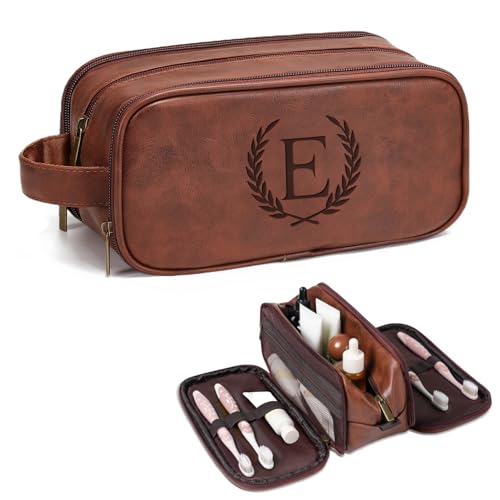 Janhavi Leather Toiletry Bag for Men, Personalized Laser Engraved Initials & Wheat, Toiletry Bag For Shower Caddy, Cruise Ship Essentials, Groomsmen Gifts, Men's Accessories (Medium, Red Brown, E) - color: Red Brown, style: E