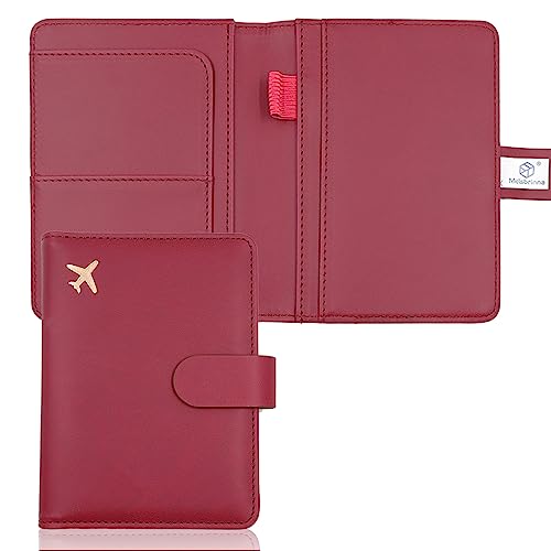 Melsbrinna Premium Leather Passport Holder Covers Case, Waterproof Rfid Blocking Travel Wallet Passport Holder with Pen Holder, Cute Passport Book for Women/Men - color: AT-Wine red