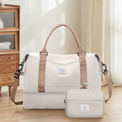 Weekender Bags for Women,Overnight Travel Duffel Bag with Shoes Compartment& Toiletry Bag,Extra Large(Beige & Brown) - color: Beige & Brown, size: Extra Large