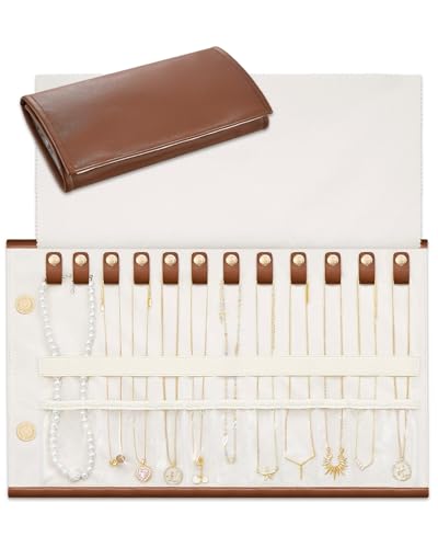 Lolalet Travel Necklace Organizer, Tangle-Free Necklace Case for Travel, Foldable Roll Up Jewelry Storage Bag for Necklaces Chains Bracelets, Caramel, 12 Slots Holder - color: Caramel, size: Medium, 12 Slots