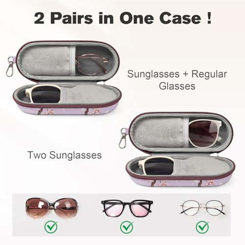 Double Eyeglasses Case, Dual Glasses Sunglasses Organizer with Zipper Closure, Eyewear Storage Box for Men Women Travel - color: Snow Cherry Blossom