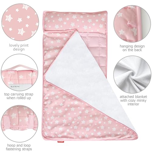 Moonsea Toddler Nap Mat Pink and Fleece Minky Blanket, Lightweight and Soft Perfect for Toddlers Preschool, Daycare, Travel Sleeping Bag for Girls, 21" x 50" Fit on a Standard Cot - color: Pink