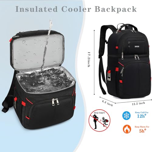 Insulated Cooler Backpack,Double Deck Leakproof Cooler Bag,Insulated Backpack Cooler Lunch Backpack for Men Women - color: Red+Black