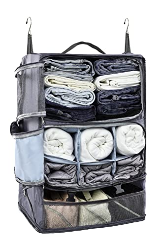 ELEZAY Hanging Packing Cubes Portable Closet 3-Shelf Travel Collapsible Compression Garment Organizer for Carry-on Luggage Suitcase Space Saver Bag XX-Large_No Side Pockets, Gray - color: Grey, size: XX-Large_16*12*24 IN