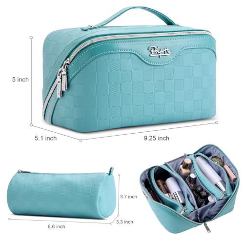 BOYATU Checkered Travel Makeup Bags: Vacation-Ready Light Blue Large Capacity Cosmetic Bag for Women - 3 Pcs Set Toiletry Organizer with Waterproof Leather - Easy to Clean Beach Trip Essential - color: 01-C-Blue