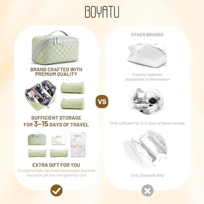 BOYATU Travel Makeup Bag Organizer: 3 Pcs Set Large Capacity Cosmetic Bags Holds 10–20 100ml Full-Size Bottles - 180°Open-Flat Make up Case 3-sec touch-up - Toiletry Bag Gift women (01-D-Green) - color: 01-D-Green