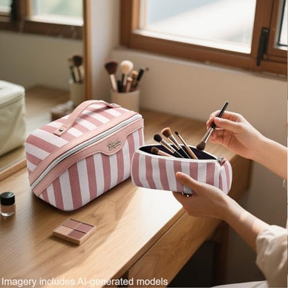 BOYATU Travel Makeup Bag Cosmetic Bag for Women: 3 Pcs Set Striped Make up Bag with Compartments - Waterproof Vegan Leather Toiletry Bags with Handle - Makeup Organizer for Travel Essentials(A-3-Pink) - color: A-3-Pink