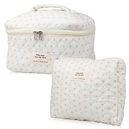 NATINSA Cute Makeup Bag for Women(2 Pcs), Travel Cosmetic Bags, Quilted Coquette Aesthetic Floral Toiletry Organizer Bag (Little Flower) - color: Little Flower